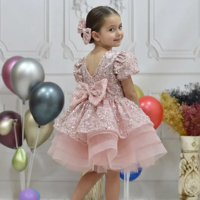 Kız Çocuk Pudra Kısa Balon Kol Taşlı Boncuklu Elbise