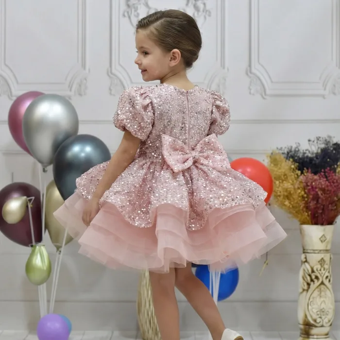 Kız Çocuk Pudra Kısa Balon Kol Taşlı Boncuklu Elbise