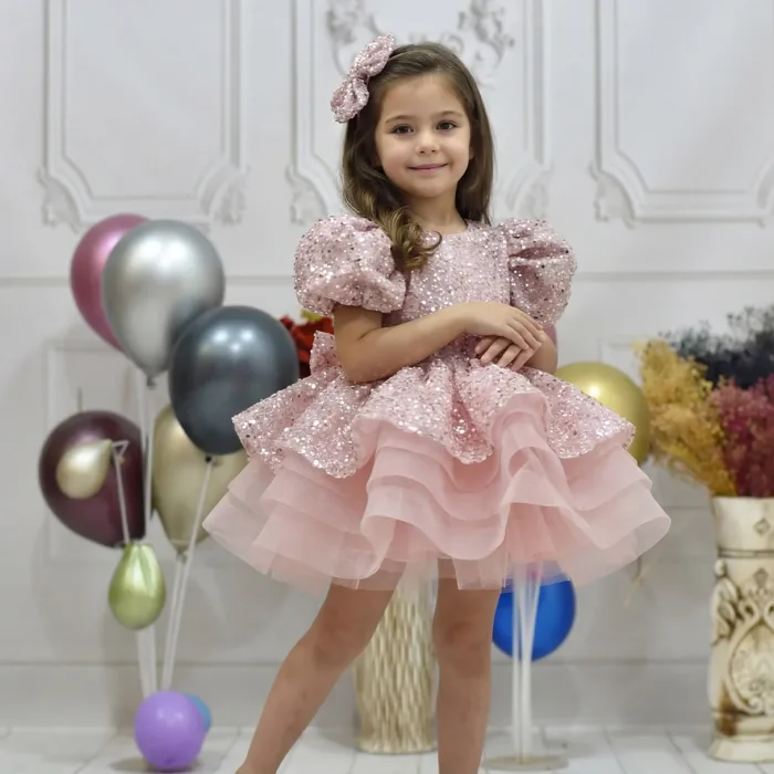 Kız Çocuk Pudra Kısa Balon Kol Taşlı Boncuklu Elbise