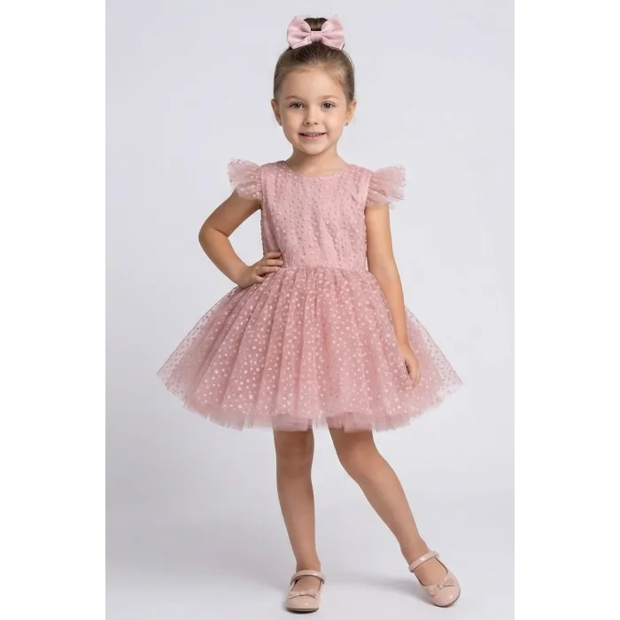 Kız Çocuk Pudra Flok Komple Alt Üst Kabarık Elbise