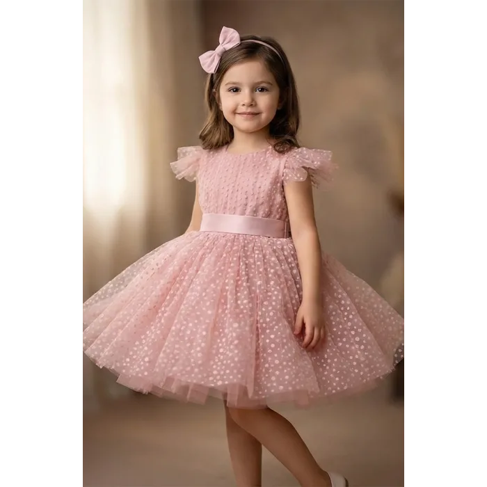 Kız Çocuk Pudra Flok Komple Alt Üst Kabarık Elbise