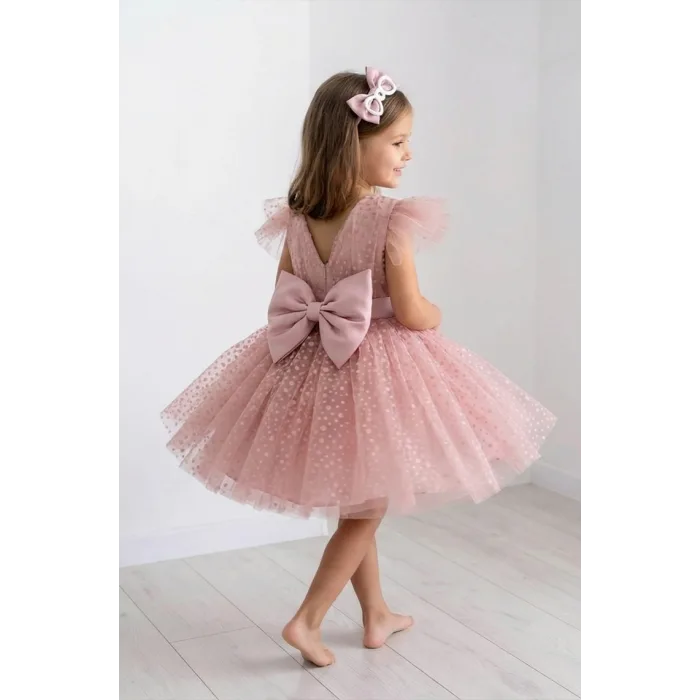 Kız Çocuk Pudra Flok Komple Alt Üst Kabarık Elbise