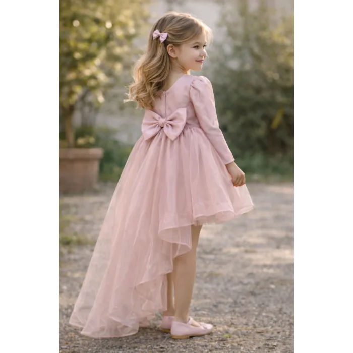 Kız Çocuk Pudra Organze Tüllü Kuyruklu Kabarık Elbise Abiye