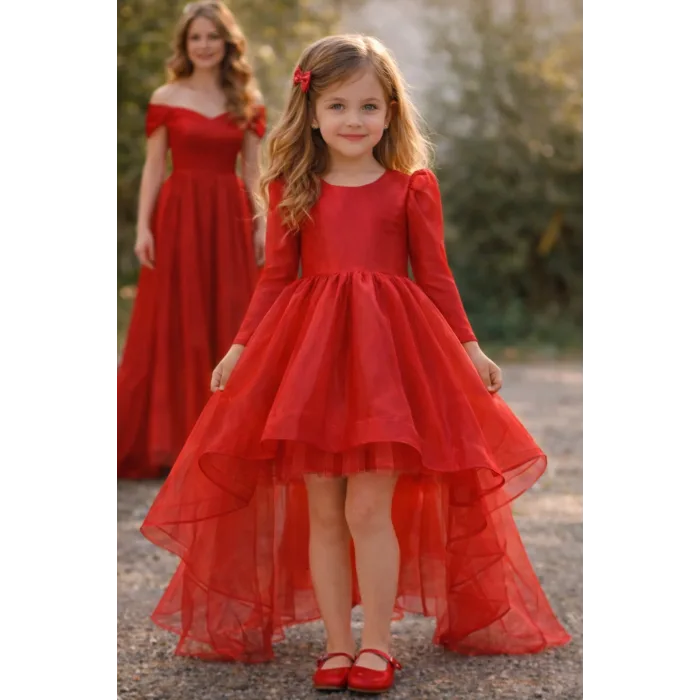 Kız Çocuk Kırmızı Organze Tüllü Kuyruklu Kabarık Elbise Abiye