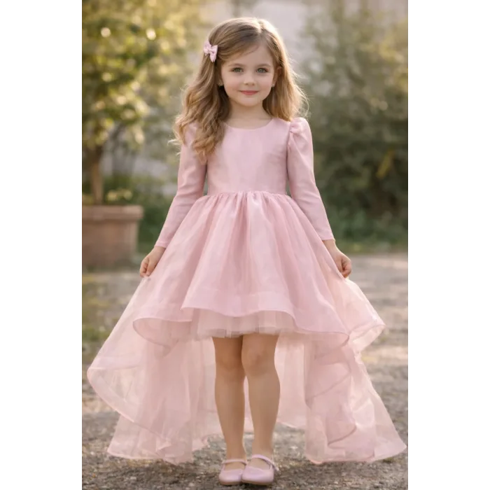 Kız Çocuk Pudra Organze Tüllü Kuyruklu Kabarık Elbise Abiye
