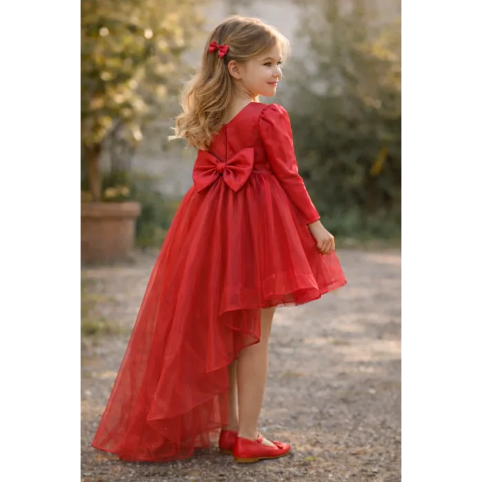 Kız Çocuk Kırmızı Organze Tüllü Kuyruklu Kabarık Elbise Abiye