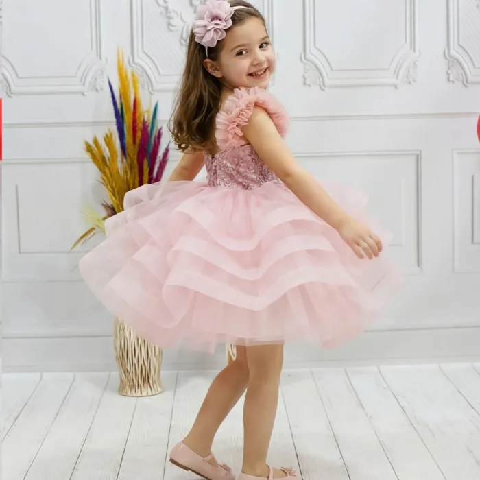 Kız Çocuk Pudra ön dantel tüy detaylı grenli Kabarık elbise