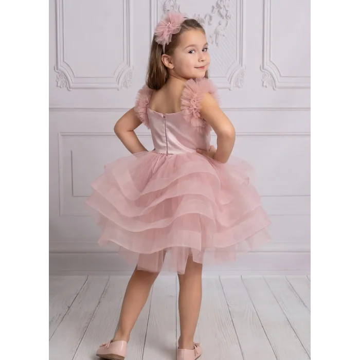 Kız Çocuk Pudra ön dantel tüy detaylı grenli Kabarık elbise