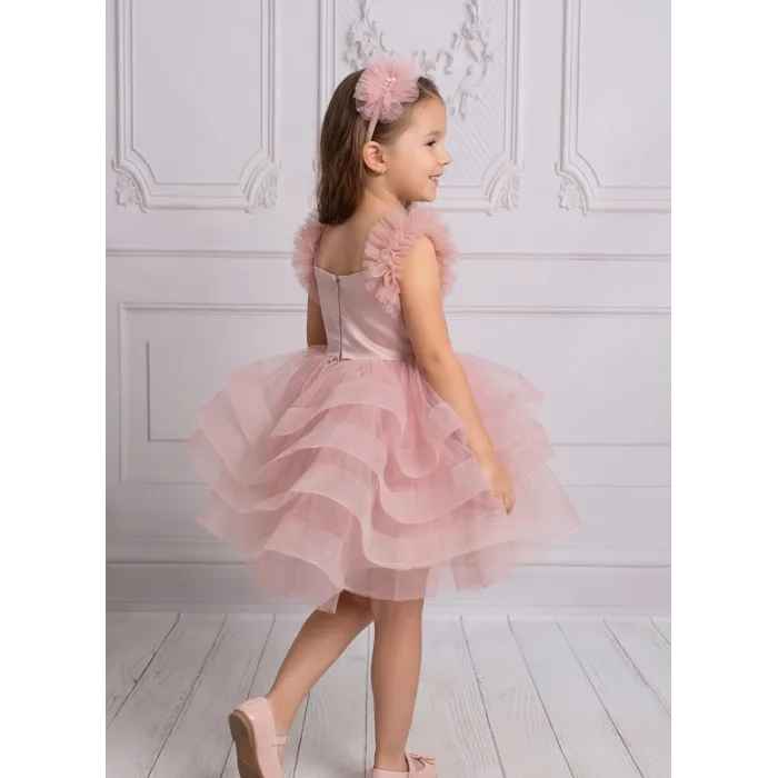 Kız Çocuk Pudra ön dantel tüy detaylı grenli Kabarık elbise