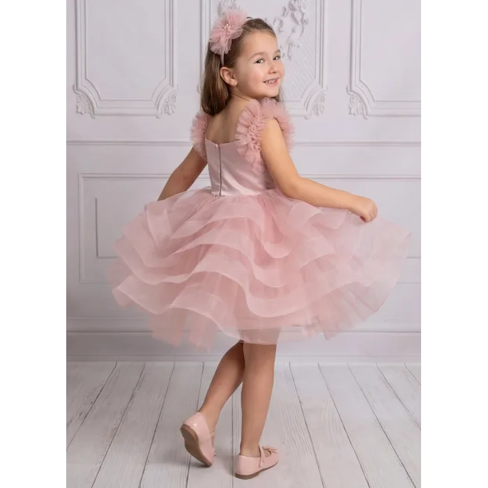 Kız Çocuk Pudra ön dantel tüy detaylı grenli Kabarık elbise