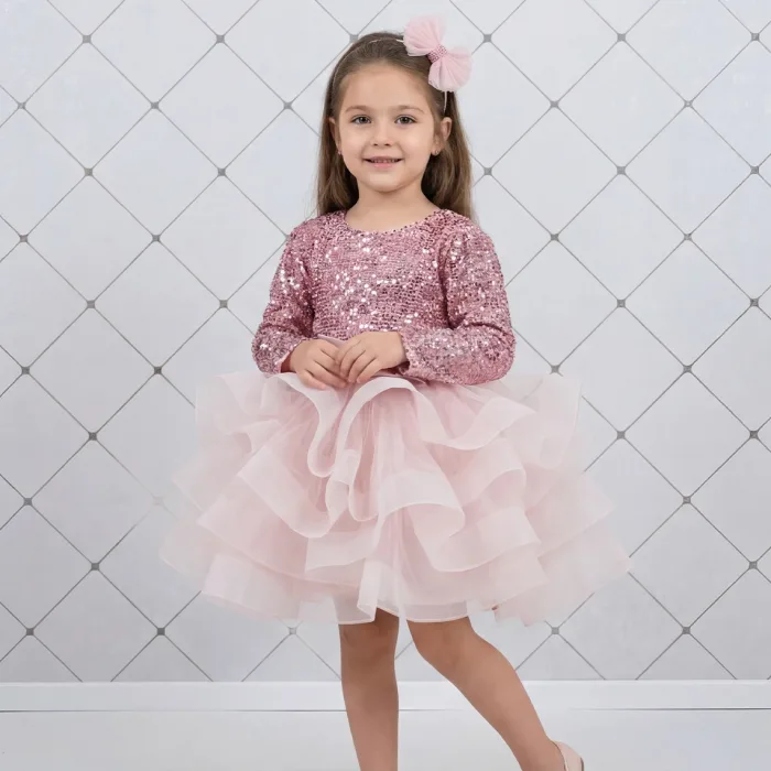 Kız Çocuk Pudra Payetli Ekstra Kabarık Arka Dekolteli Elbise