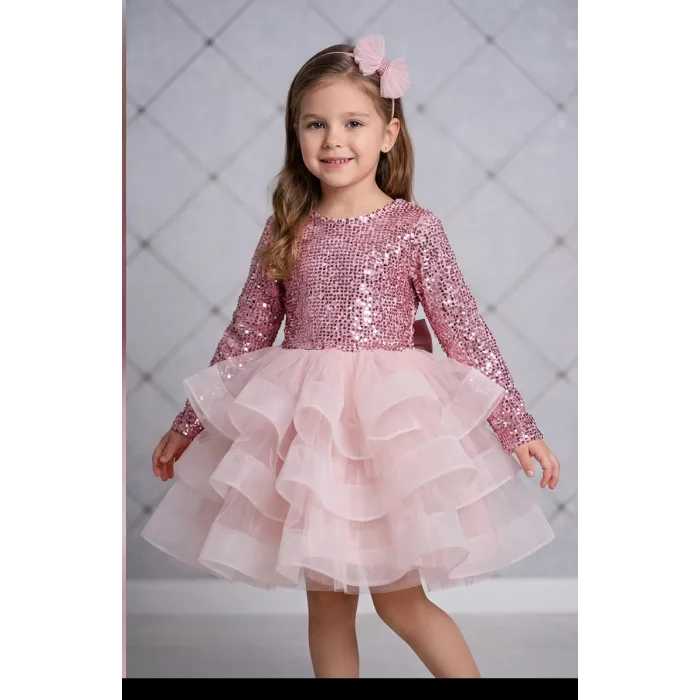 Kız Çocuk Pudra Payetli Ekstra Kabarık Arka Dekolteli Elbise