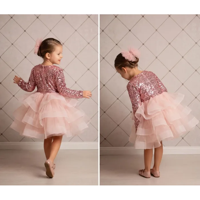 Kız Çocuk Pudra Payetli Ekstra Kabarık Arka Dekolteli Elbise