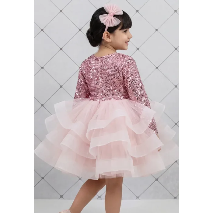 Kız Çocuk Pudra Payetli Ekstra Kabarık Arka Dekolteli Elbise