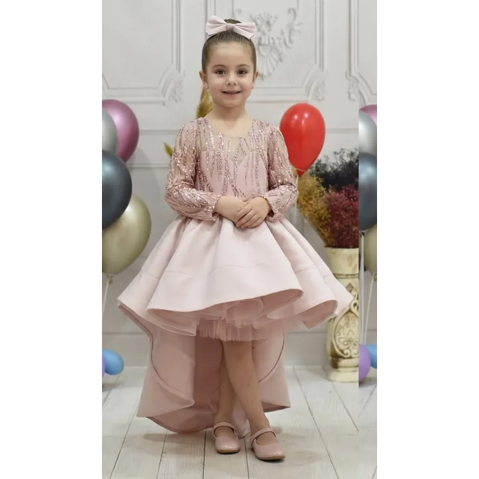 Kız Çocuk Pudra Payetli Kuyruklu Abiye Elbise