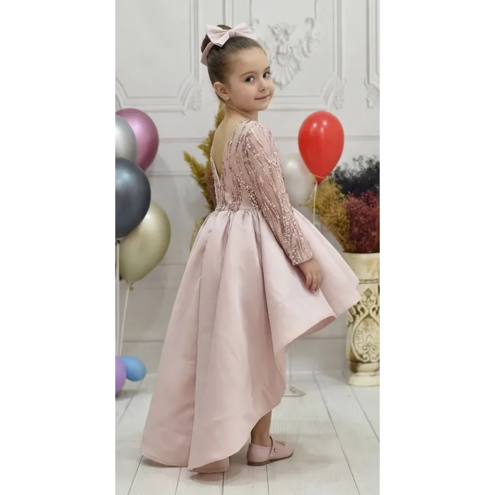 Kız Çocuk Pudra Payetli Kuyruklu Abiye Elbise