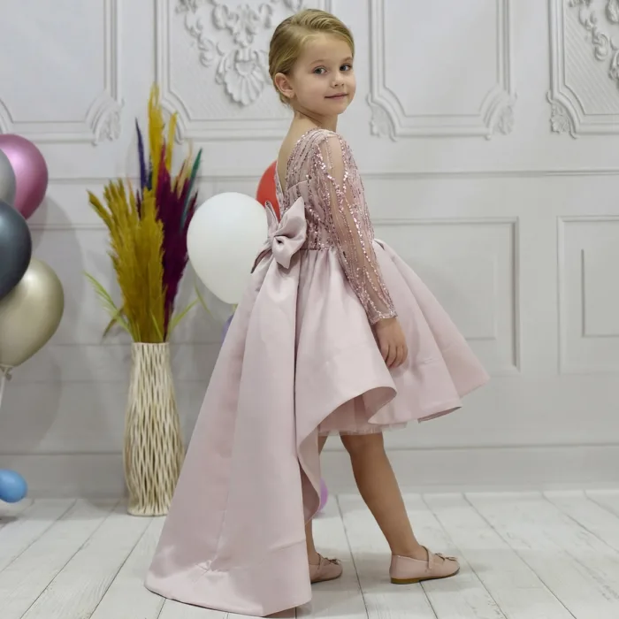 Kız Çocuk Pudra Payetli Kuyruklu Abiye Elbise