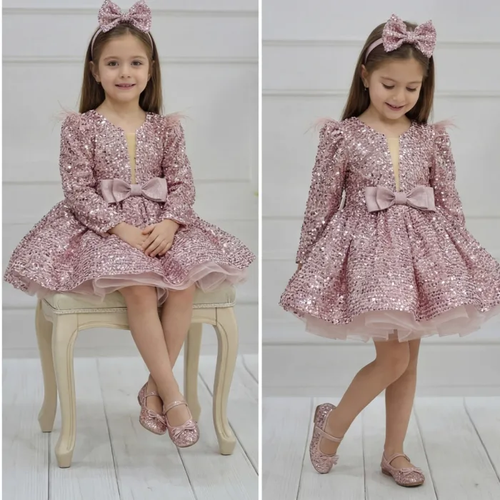 Kız Çocuk Pudra Payetli Ön Dekolteli Kol Tüy Detaylı Uzun Kol Kabarık Elbise
