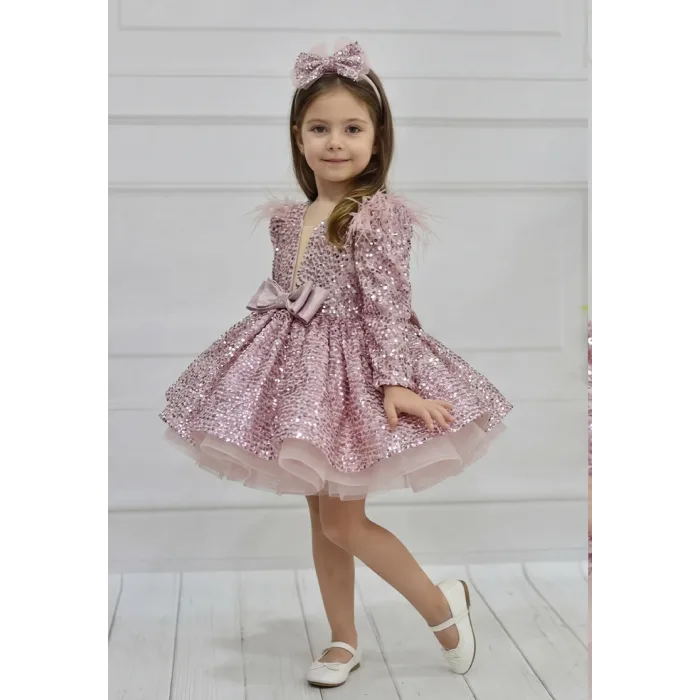 Kız Çocuk Pudra Payetli Ön Dekolteli Kol Tüy Detaylı Uzun Kol Kabarık Elbise
