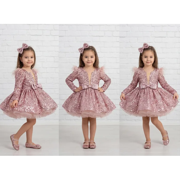 Kız Çocuk Pudra Payetli Ön Dekolteli Kol Tüy Detaylı Uzun Kol Kabarık Elbise