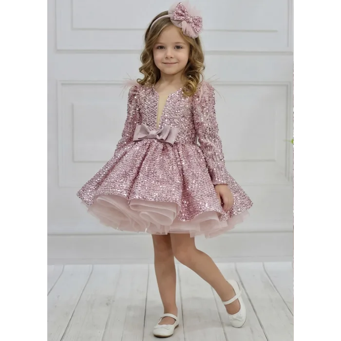 Kız Çocuk Pudra Payetli Ön Dekolteli Kol Tüy Detaylı Uzun Kol Kabarık Elbise