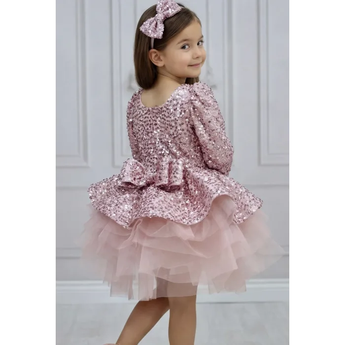 Kız Çocuk Pudra Payetli Pullu Kare Yaka Uzun Kol Kabarık Elbise