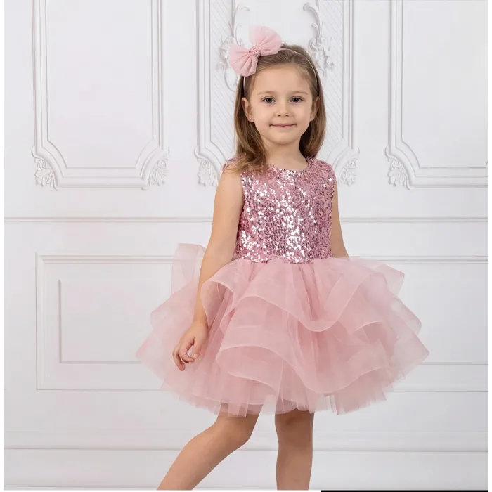 Kız Çocuk Pudra Payetli Sıfır Kol Grenli Kabarık Parıltılı Elbise