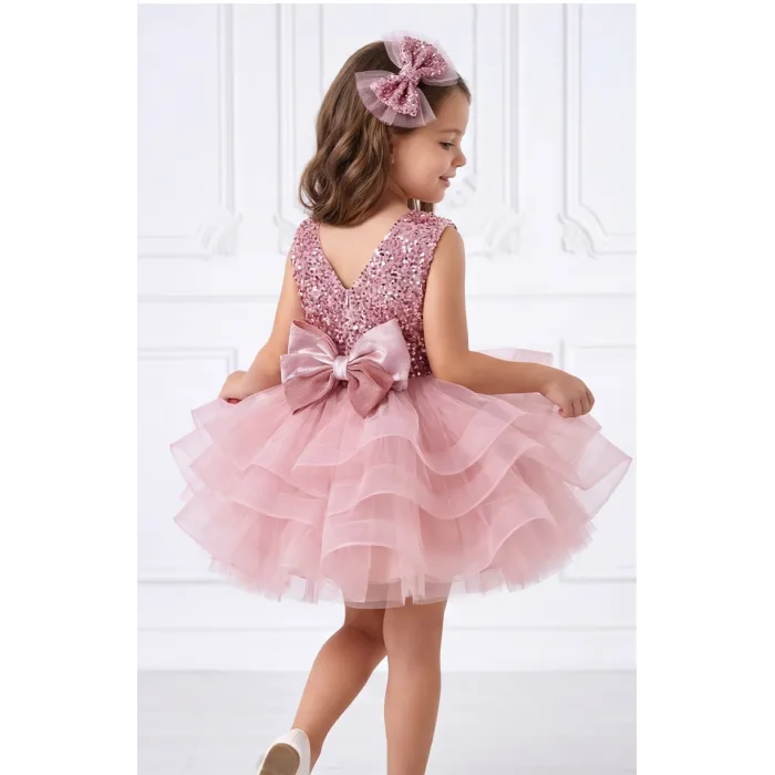 Kız Çocuk Pudra Payetli Sıfır Kol Grenli Kabarık Parıltılı Elbise