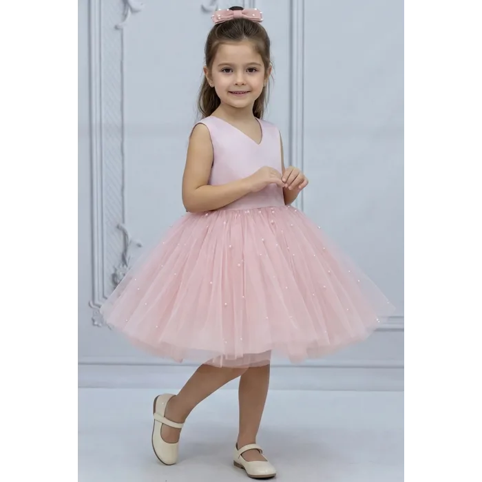 Kız Çocuk Pudra Saten V Yaka İncili Kabarık Elbise