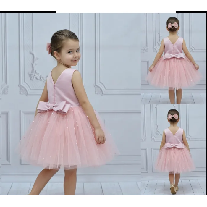 Kız Çocuk Pudra Saten V Yaka İncili Kabarık Elbise