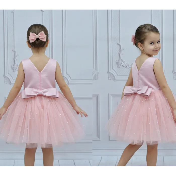 Kız Çocuk Pudra Saten V Yaka İncili Kabarık Elbise