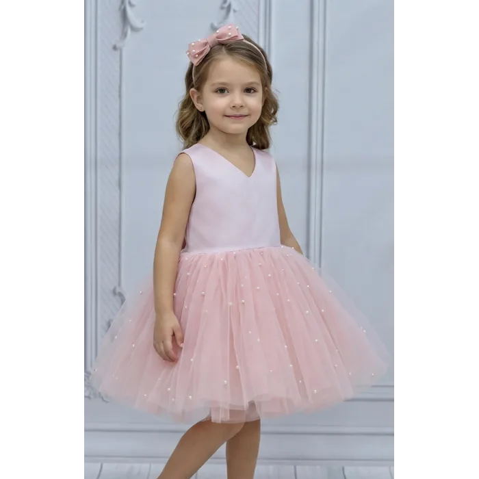 Kız Çocuk Pudra Saten V Yaka İncili Kabarık Elbise