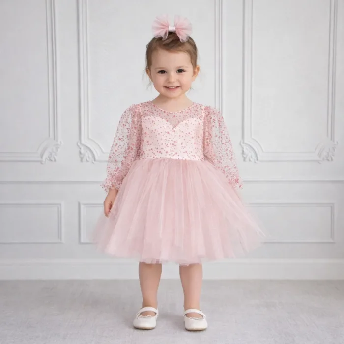 Kız Çocuk Pudra Şeffaf Üst Flok Tül Tütü Kabarık Elbise