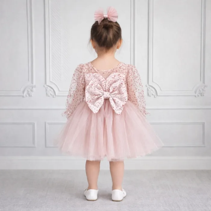 Kız Çocuk Pudra Şeffaf Üst Flok Tül Tütü Kabarık Elbise