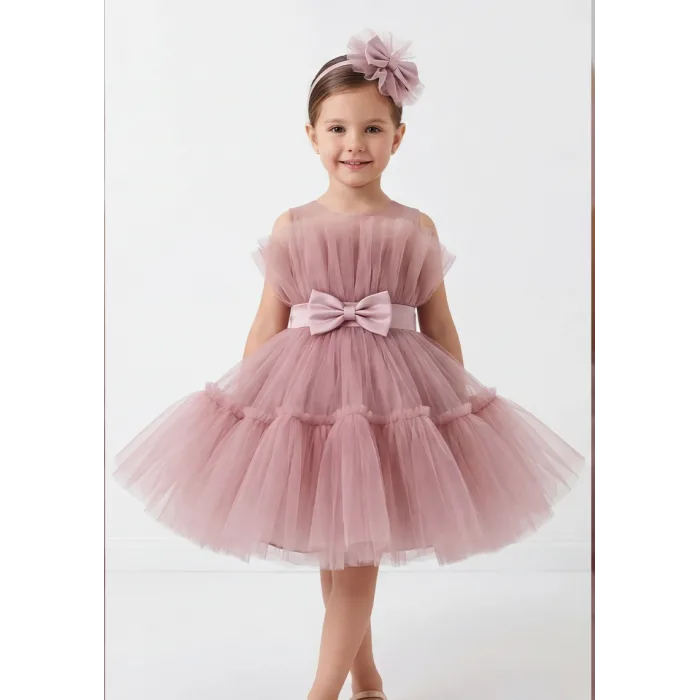 Kız Çocuk Pudra Şeffaf Üst Tül Detaylı Kemerli Kabarık Elbise