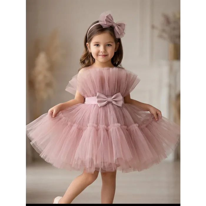 Kız Çocuk Pudra Şeffaf Üst Tül Detaylı Kemerli Kabarık Elbise
