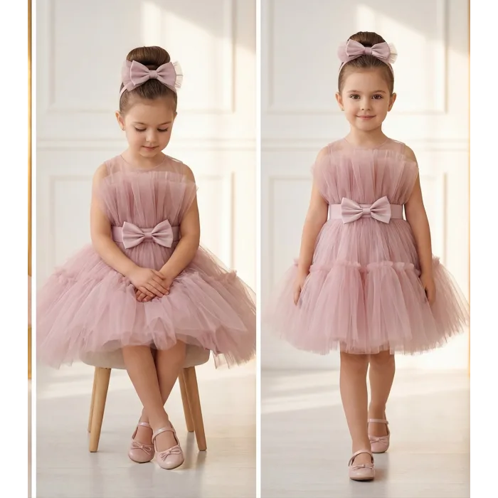 Kız Çocuk Pudra Şeffaf Üst Tül Detaylı Kemerli Kabarık Elbise