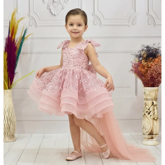 Kız Çocuk Pudra Taşlı Boncuklu Kuyruklu Kısa Kol Elbise Abiye