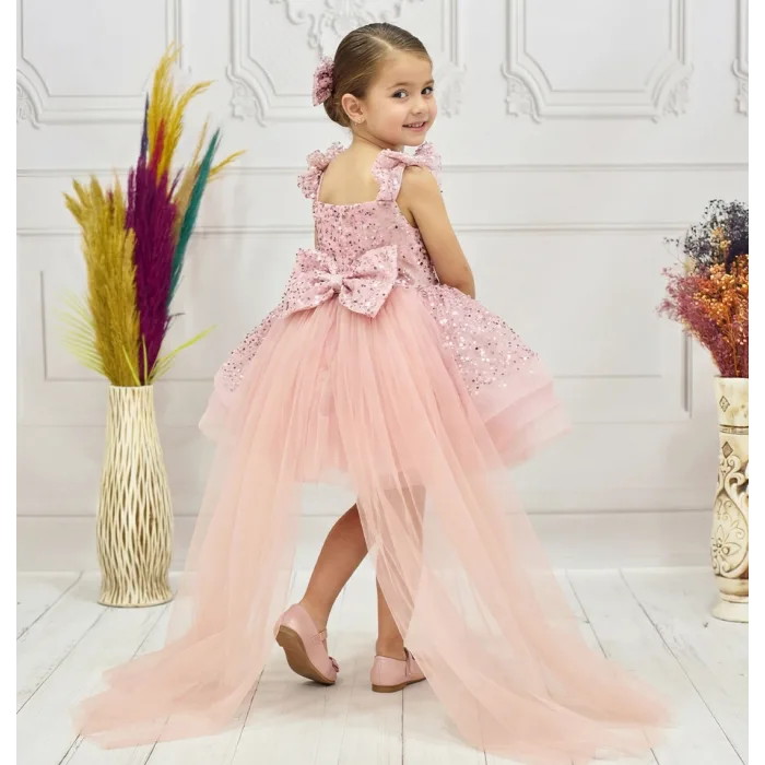 Kız Çocuk Pudra Taşlı Boncuklu Kuyruklu Kısa Kol Elbise Abiye