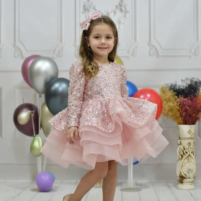 Kız Çocuk Pudra Uzun Kol Taşlı Boncuklu Elbise