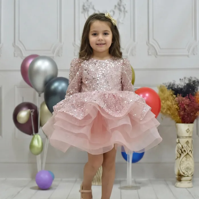 Kız Çocuk Pudra Uzun Kol Taşlı Boncuklu Elbise