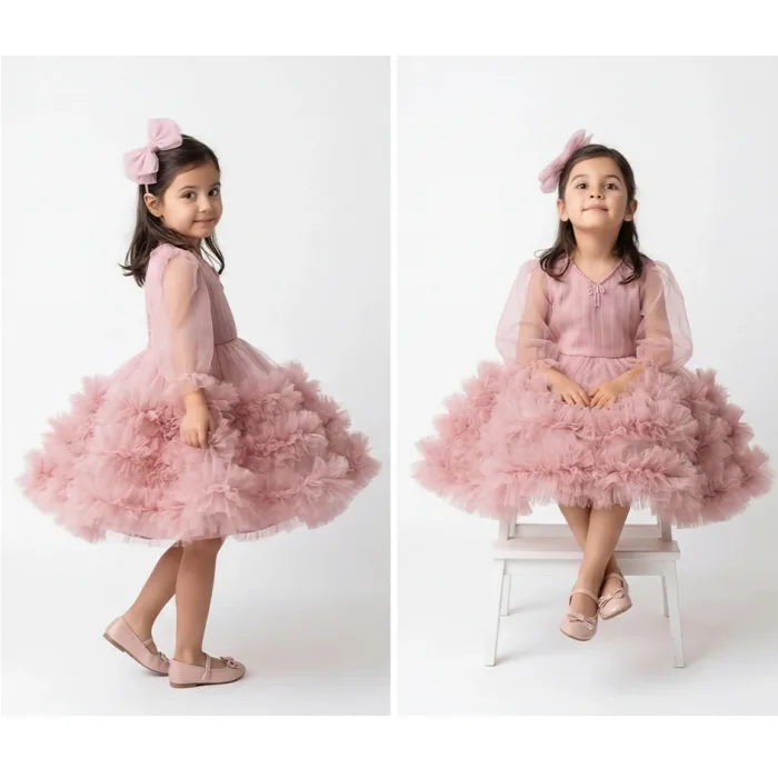 Kız Çocuk Pudra Yaka İşlemeli Fiyonklu Etek Fırfırlı Kabarık Elbise