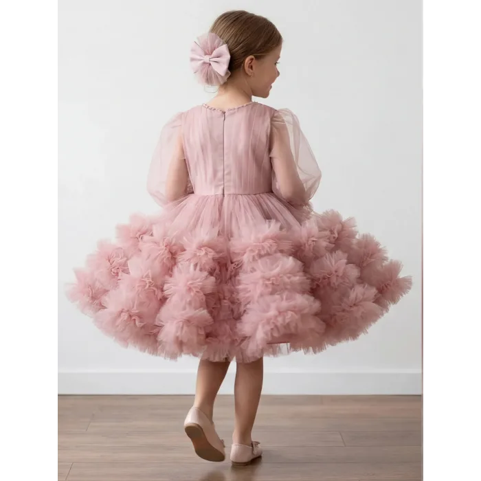 Kız Çocuk Pudra Yaka İşlemeli Fiyonklu Etek Fırfırlı Kabarık Elbise