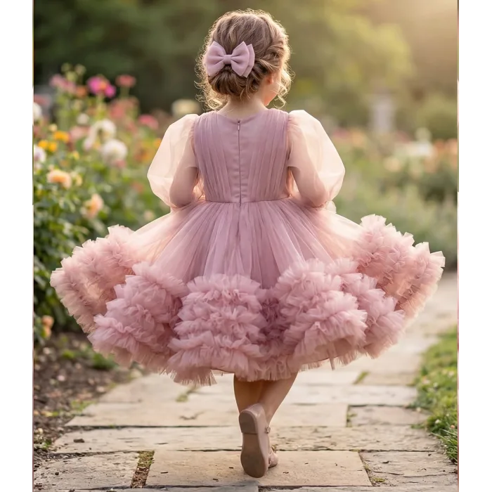 Kız Çocuk Pudra Yaka İşlemeli Fiyonklu Etek Fırfırlı Kabarık Elbise