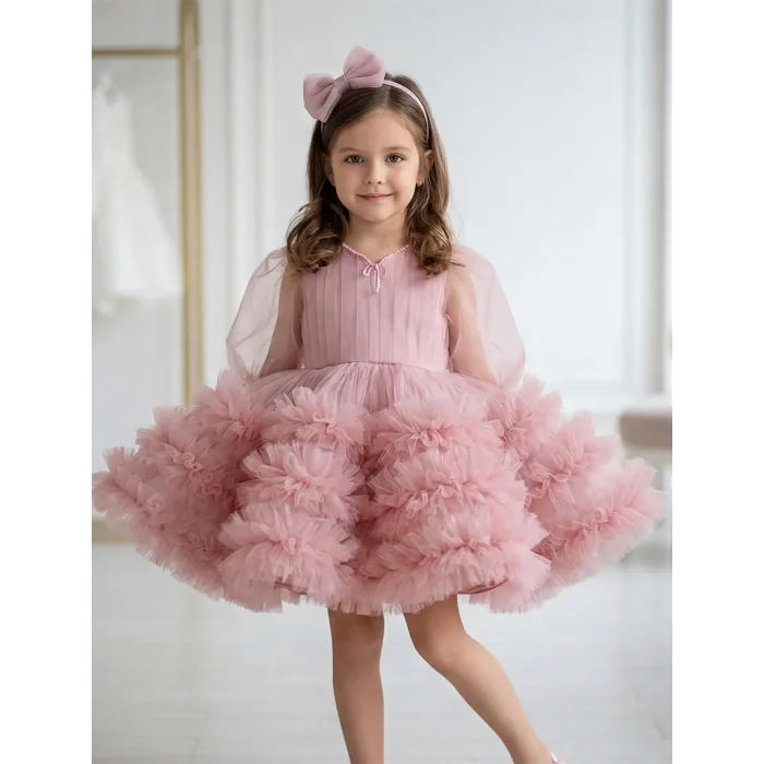 Kız Çocuk Pudra Yaka İşlemeli Fiyonklu Etek Fırfırlı Kabarık Elbise