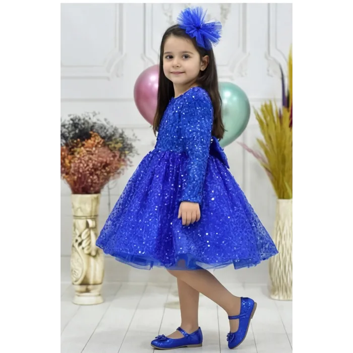 Kız Çocuk Saks Mavisi Boncuklu Payetli Kabarık Elbise Uzun Kol