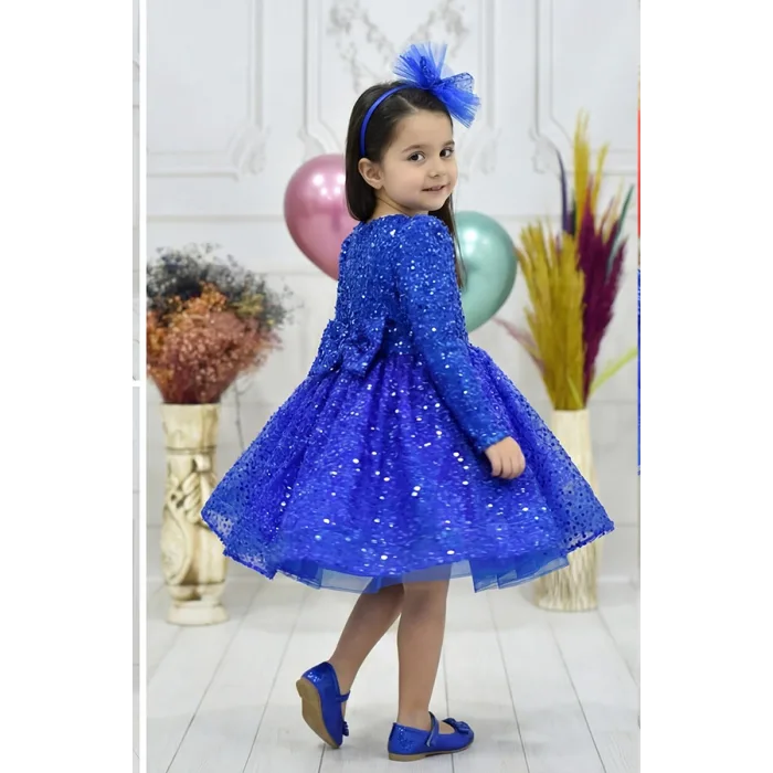 Kız Çocuk Saks Mavisi Boncuklu Payetli Kabarık Elbise Uzun Kol