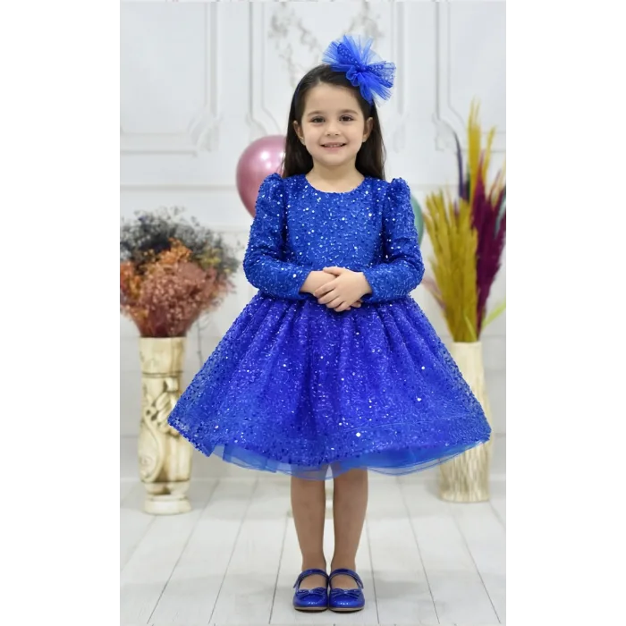 Kız Çocuk Saks Mavisi Boncuklu Payetli Kabarık Elbise Uzun Kol