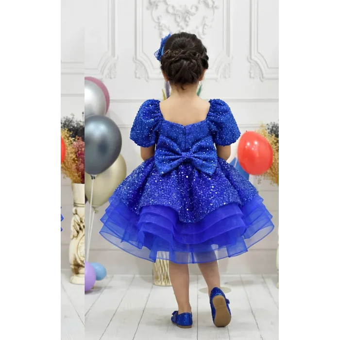 Kız Çocuk Saks Mavisi Boncuklu Payetli Kalp Detaylı Kabarık Elbise