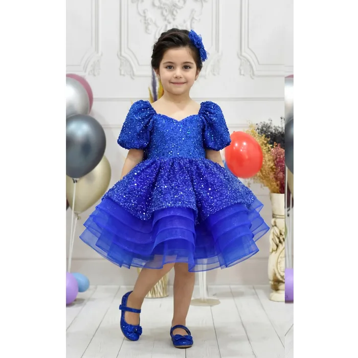 Kız Çocuk Saks Mavisi Boncuklu Payetli Kalp Detaylı Kabarık Elbise